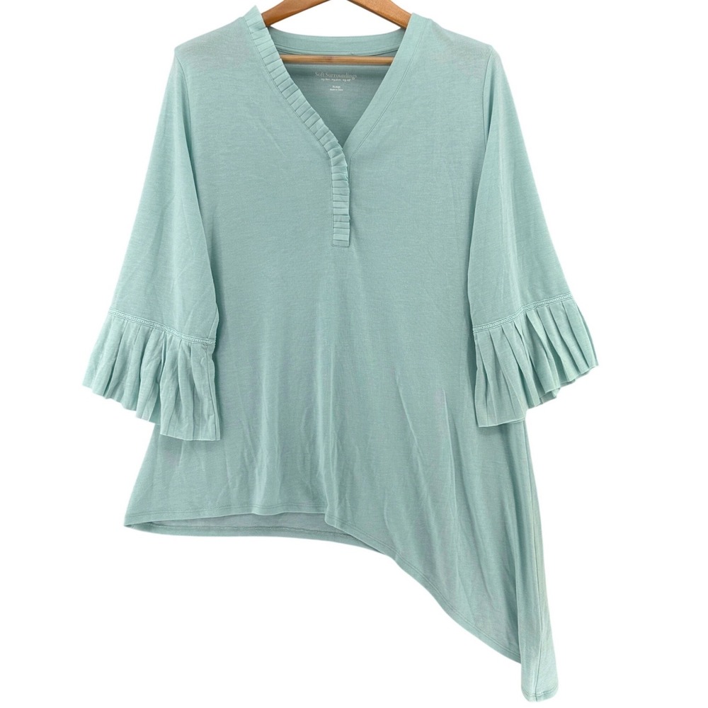 Soft Surroundings Asymmetrical Pleated Ruffle Sleeve V-Neck Knit Top Womens XL